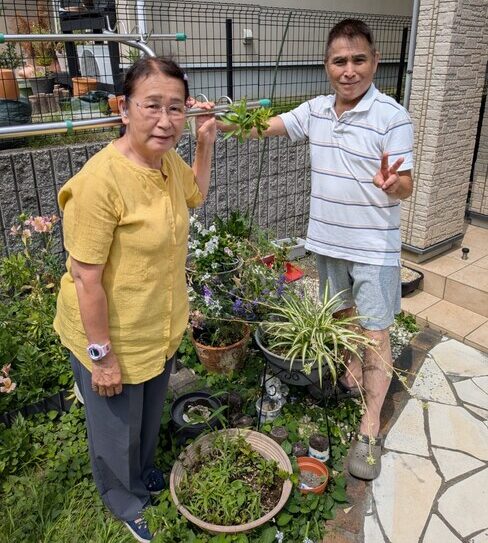 物干し台から赤い花 軽部さん宅 「こんなことが!」(茨城・日立市)